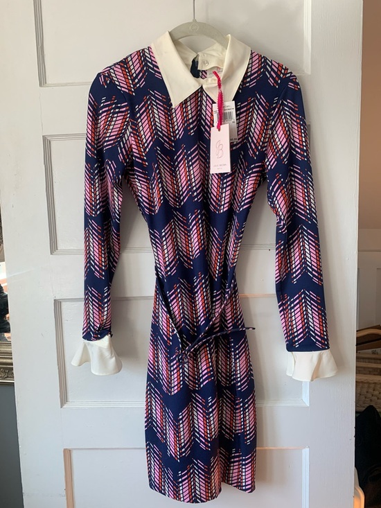 JB by Julie Brown Dresses & Skirts - JB by Julie Brown Navy Dress with Pink Chevron Print and White Collar